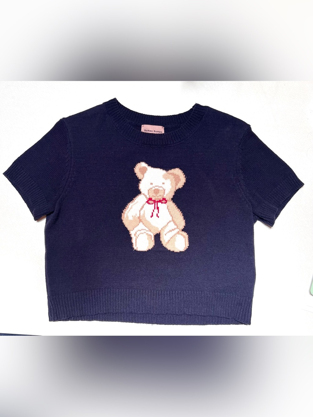 Teddy Bear Short Sleeved Sweater Crop Top Navy Blue Womens Knit Shirt size L